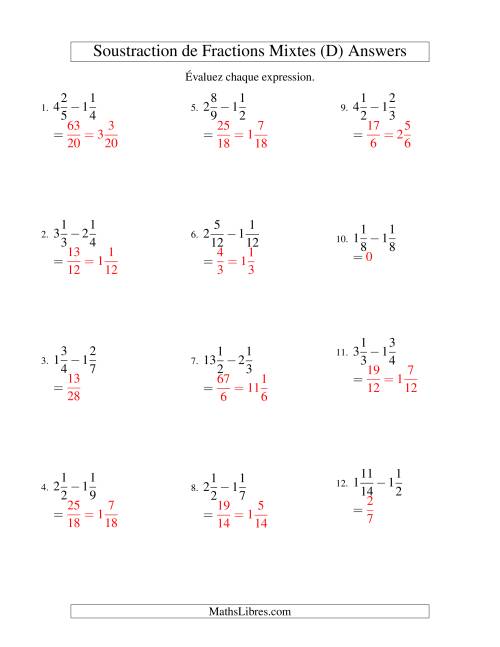 Soustraction de Fractions Mixtes (D) page 2
