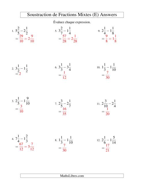 Soustraction de Fractions Mixtes (E) page 2