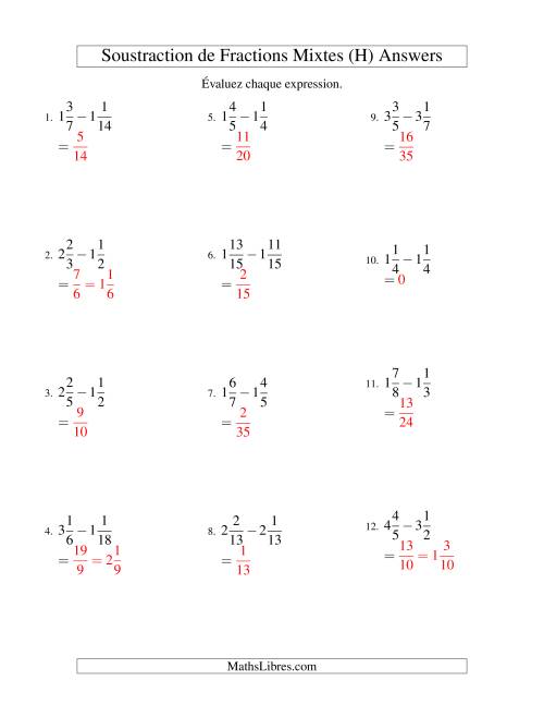 Soustraction de Fractions Mixtes (H) page 2