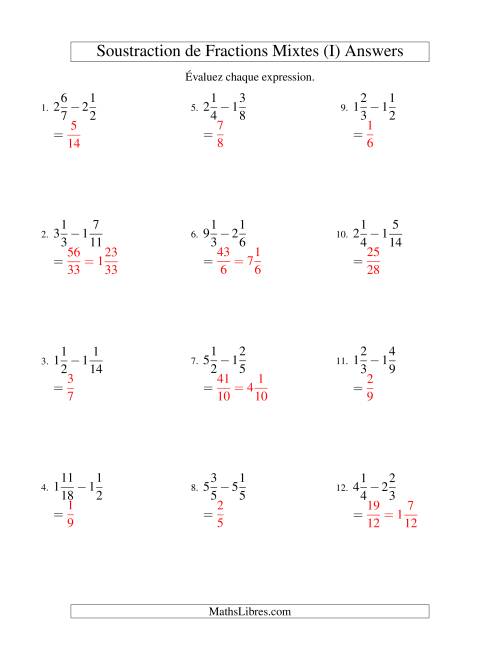 Soustraction de Fractions Mixtes (I) page 2