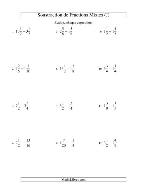 Soustraction de Fractions Mixtes (J)