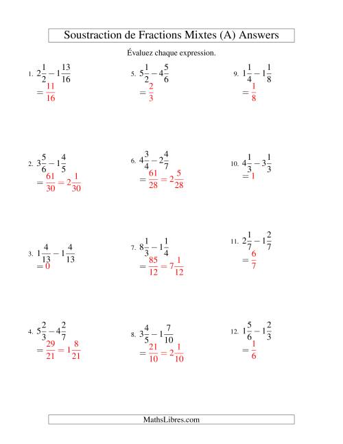 Soustraction de Fractions Mixtes (Tout) page 2