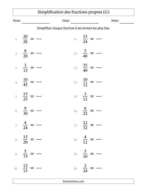 Simplifier fractions propres à ses termes les plus bas (Questions faciles) (G)
