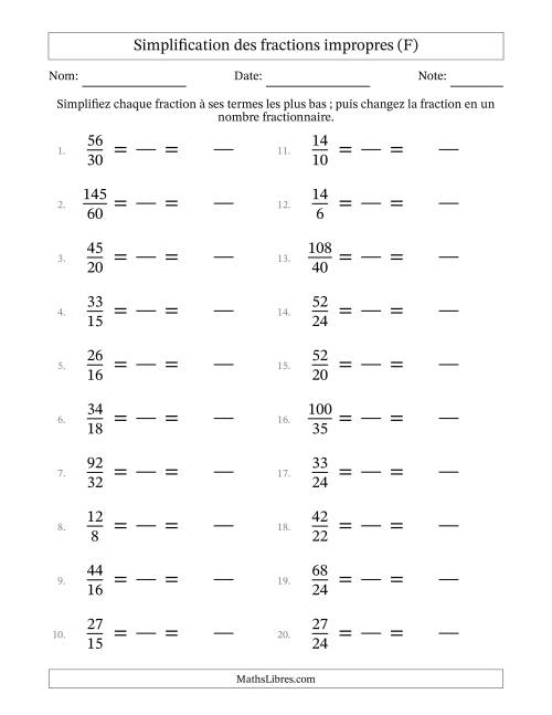 Simplifier fractions impropres à ses termes les plus bas (Questions faciles) (F)