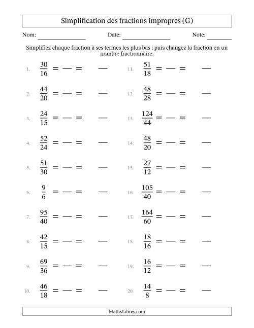 Simplifier fractions impropres à ses termes les plus bas (Questions faciles) (G)
