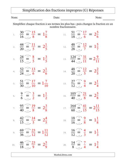 Simplifier fractions impropres à ses termes les plus bas (Questions faciles) (G) page 2