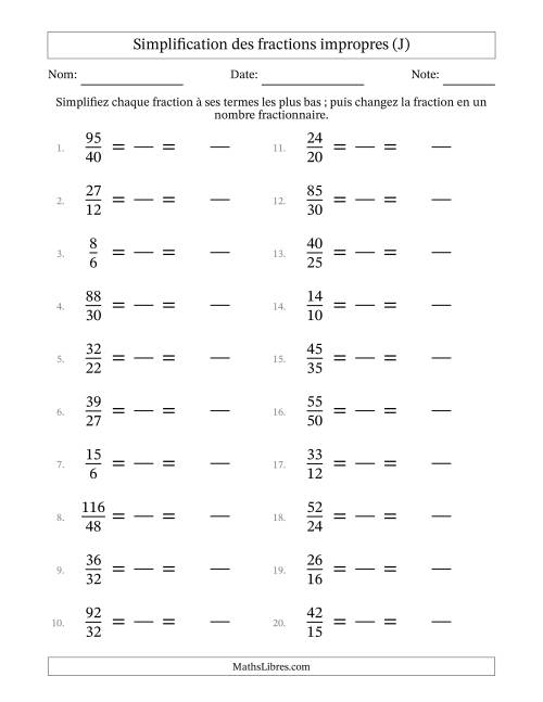 Simplifier fractions impropres à ses termes les plus bas (Questions faciles) (J)