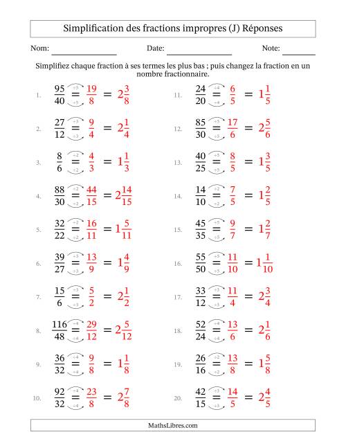 Simplifier fractions impropres à ses termes les plus bas (Questions faciles) (J) page 2