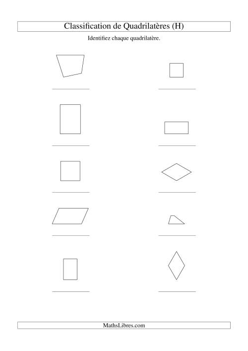 Classification de quadrilatères (carrés, rectangles, parallélogrammes, trapèzes, losanges et non-définis) (H)