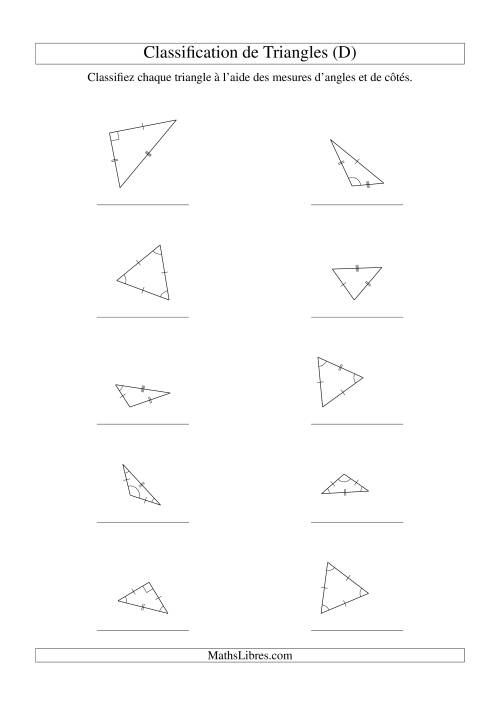 Classification de triangles à l'aide de leurs angles et mesures de côtés (D)