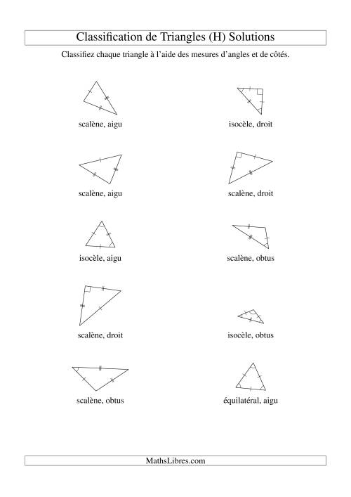 Classification de triangles à l'aide de leurs angles et mesures de côtés (H) page 2