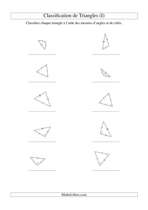 Classification de triangles à l'aide de leurs angles et mesures de côtés (I)