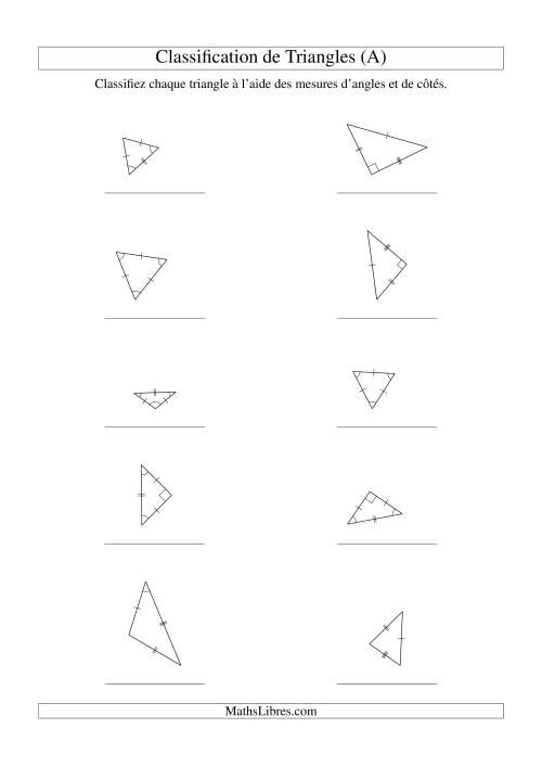 Classification de triangles à l'aide de leurs angles et mesures de côtés (Tout)