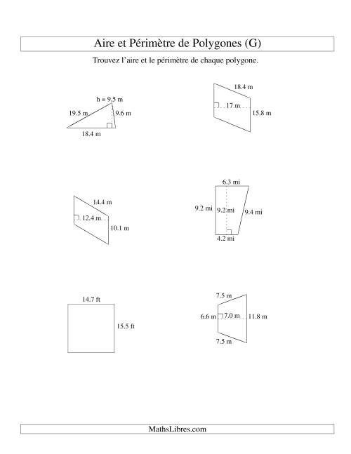 Aire et périmètre de formes variées (jusqu'à 1 décimale; variation 5-20) (G)