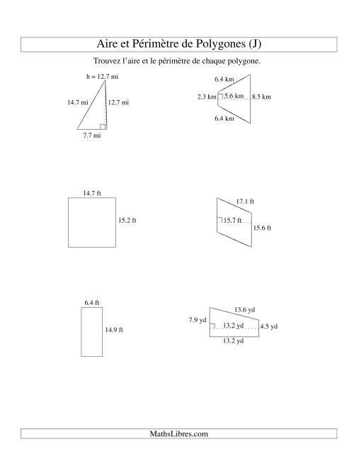 Aire et périmètre de formes variées (jusqu'à 1 décimale; variation 5-20) (J)