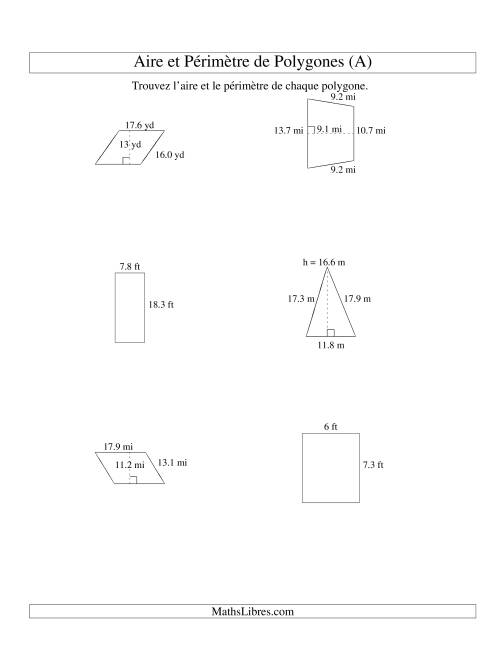 Aire et périmètre de formes variées (jusqu'à 1 décimale; variation 5-20) (Tout)