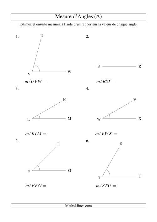 Mesure d'angles entre 0° et 90° (intervalles de 15°) (Tout)