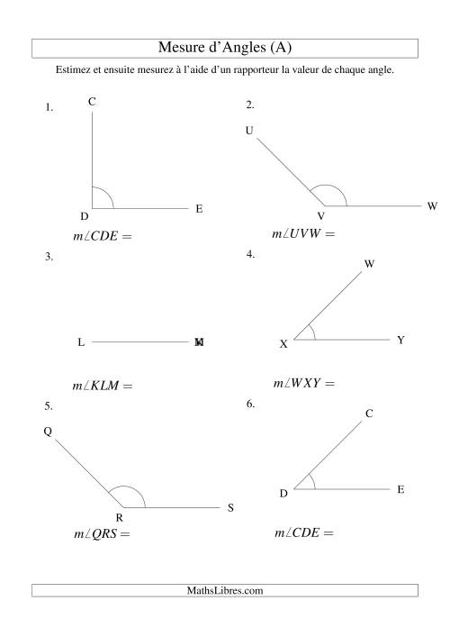 Mesure d'angles entre 0° et 180° (intervalles de 45°) (Tout)