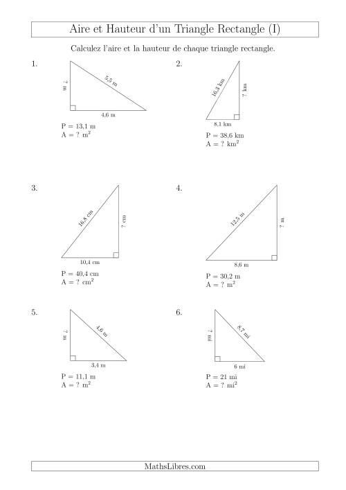 Calcul de l'Aire et Hauteur d'un Triangle Rectangle (I)