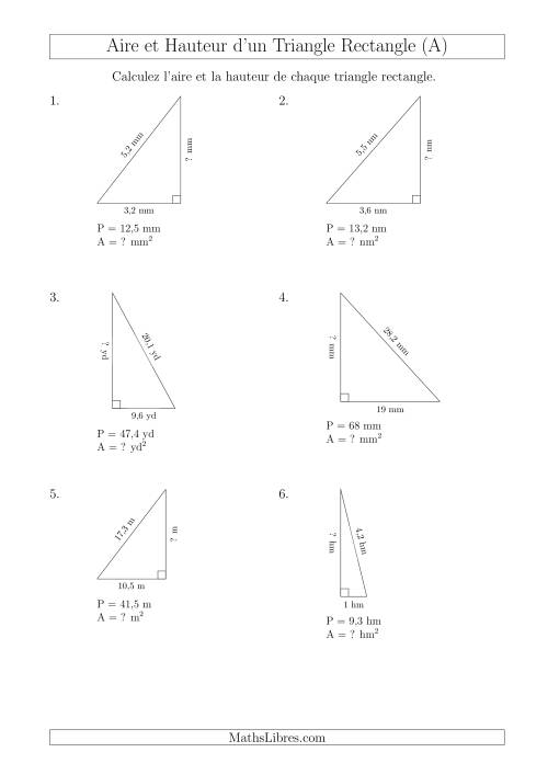 Calcul de l'Aire et Hauteur d'un Triangle Rectangle (Tout)