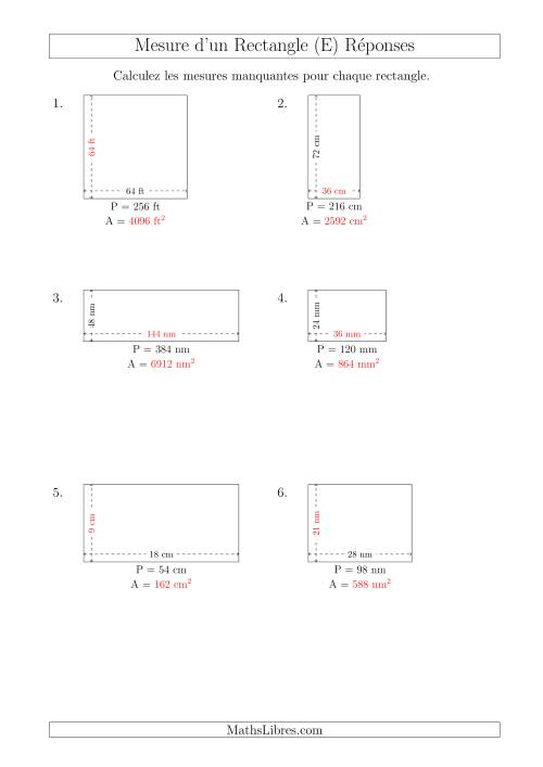 Calcul de l'Aire, Longueur ou Largeur des Rectangles (Avec de Larges Nombres Entiers) (E) page 2