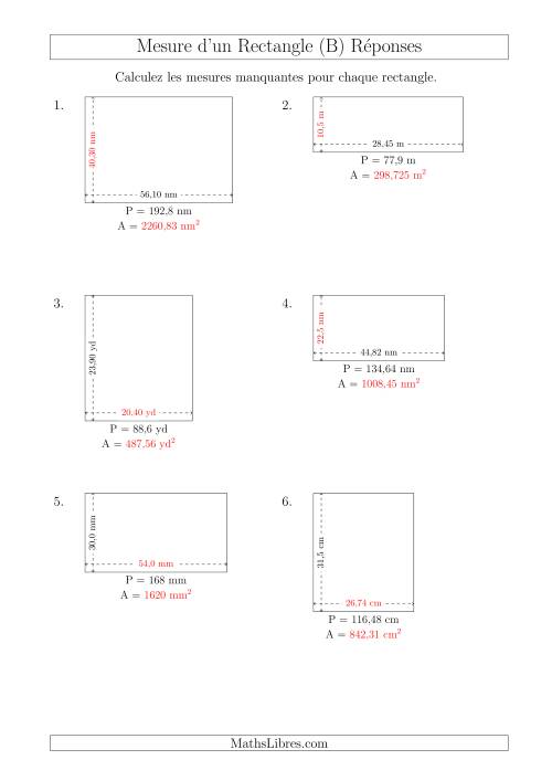 Calcul de l'Aire, Longueur ou Largeur des Rectangles (Avec des Nombres Décimaux) (B) page 2