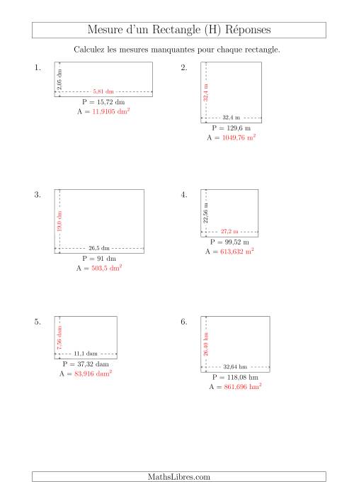 Calcul de l'Aire, Longueur ou Largeur des Rectangles (Avec des Nombres Décimaux) (H) page 2