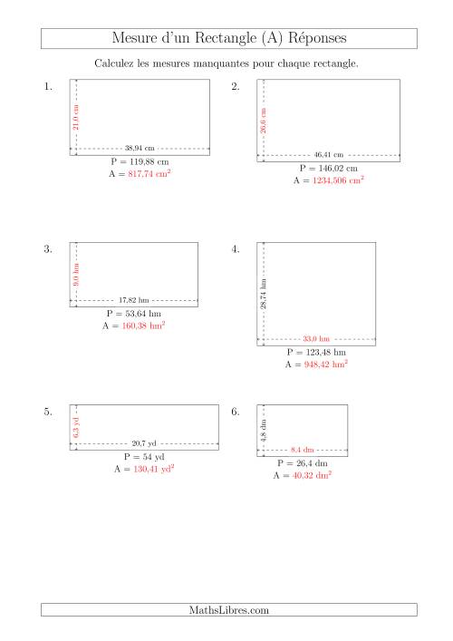 Calcul de l'Aire, Longueur ou Largeur des Rectangles (Avec des Nombres Décimaux) (Tout) page 2