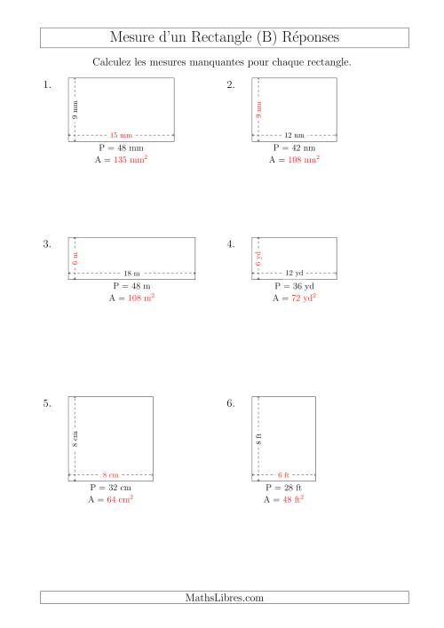 Calcul de l'Aire, Longueur ou Largeur des Rectangles (Avec de Petits Nombres Entiers) (B) page 2