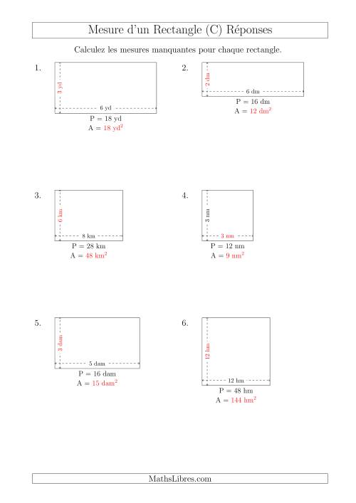 Calcul de l'Aire, Longueur ou Largeur des Rectangles (Avec de Petits Nombres Entiers) (C) page 2