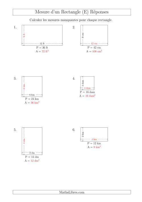 Calcul de l'Aire, Longueur ou Largeur des Rectangles (Avec de Petits Nombres Entiers) (E) page 2