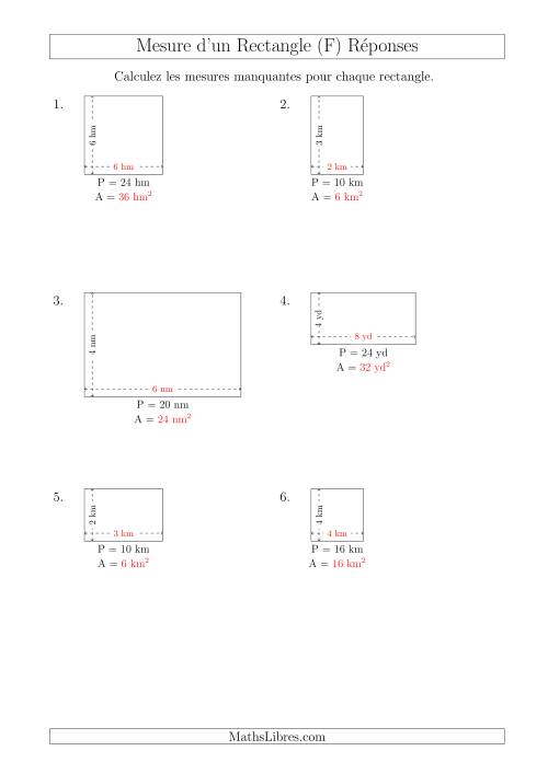Calcul de l'Aire, Longueur ou Largeur des Rectangles (Avec de Petits Nombres Entiers) (F) page 2