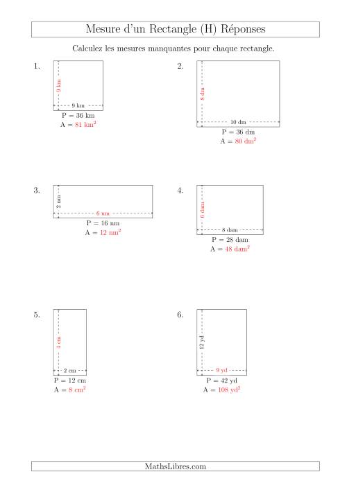 Calcul de l'Aire, Longueur ou Largeur des Rectangles (Avec de Petits Nombres Entiers) (H) page 2