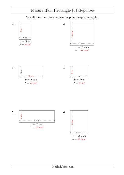 Calcul de l'Aire, Longueur ou Largeur des Rectangles (Avec de Petits Nombres Entiers) (J) page 2