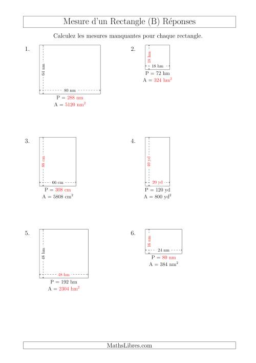 Calcul de l'Aire, Périmètre, Longueur ou Largeur des Rectangles (Avec de Larges Nombres Entiers) (B) page 2