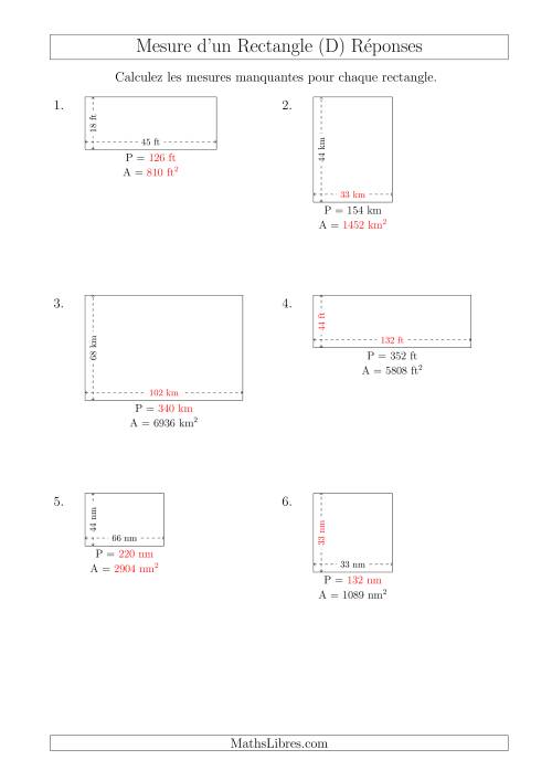 Calcul de l'Aire, Périmètre, Longueur ou Largeur des Rectangles (Avec de Larges Nombres Entiers) (D) page 2