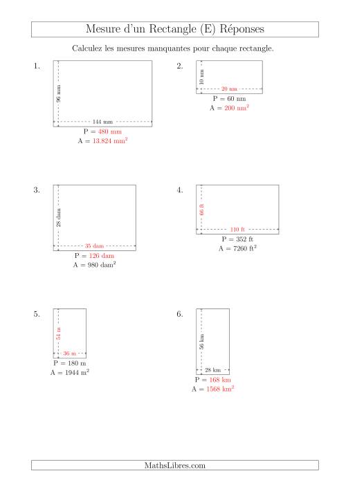 Calcul de l'Aire, Périmètre, Longueur ou Largeur des Rectangles (Avec de Larges Nombres Entiers) (E) page 2