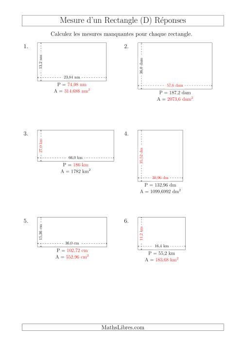 Calcul de l'Aire, Périmètre, Longueur ou Largeur des Rectangles (Avec de Larges Nombres Entiers) (D) page 2