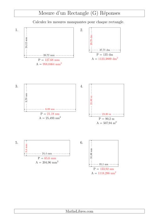 Calcul de l'Aire, Périmètre, Longueur ou Largeur des Rectangles (Avec de Larges Nombres Entiers) (G) page 2