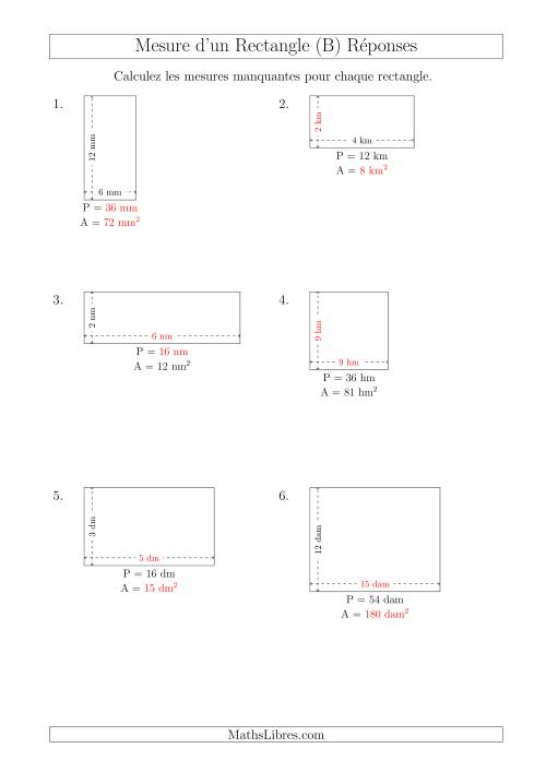 Calcul de l'Aire, Périmètre, Longueur ou Largeur des Rectangles (Avec de Petits Nombres Entiers) (B) page 2