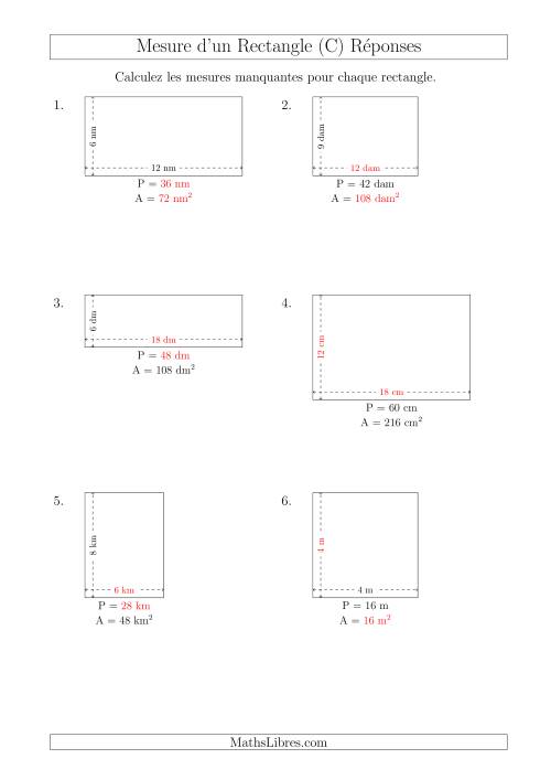 Calcul de l'Aire, Périmètre, Longueur ou Largeur des Rectangles (Avec de Petits Nombres Entiers) (C) page 2