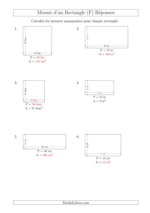 Calcul de l'Aire, Périmètre, Longueur ou Largeur des Rectangles (Avec de Petits Nombres Entiers) (F) page 2