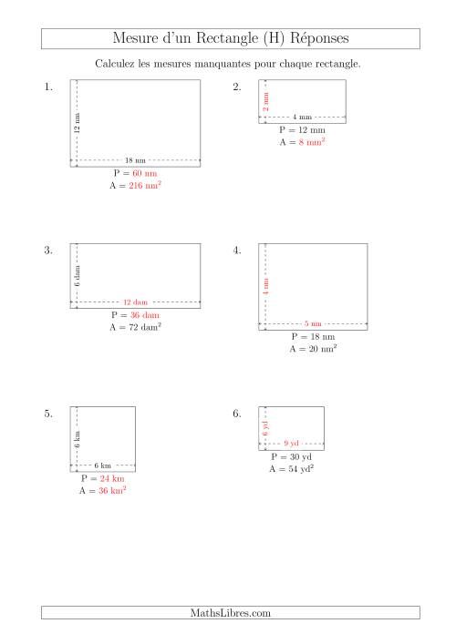 Calcul de l'Aire, Périmètre, Longueur ou Largeur des Rectangles (Avec de Petits Nombres Entiers) (H) page 2