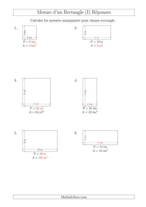 Calcul de l'Aire, Périmètre, Longueur ou Largeur des Rectangles (Avec de Petits Nombres Entiers) (I) page 2