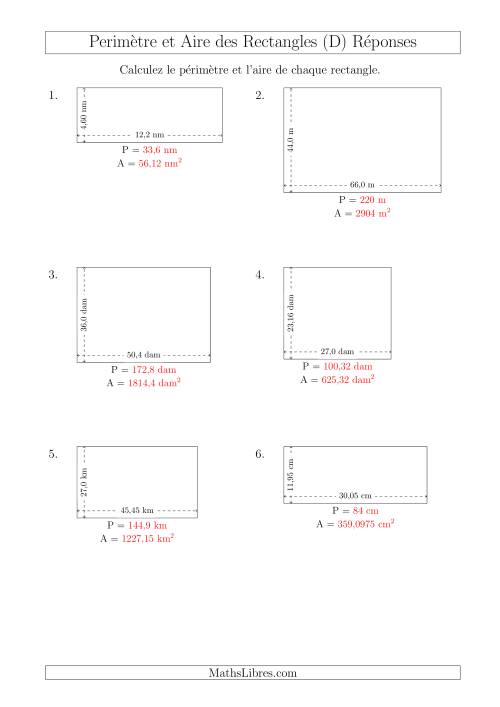 Calcul du Périmètre et de l'Aire des Rectangles (Avec des Nombres Décimaux) (D) page 2