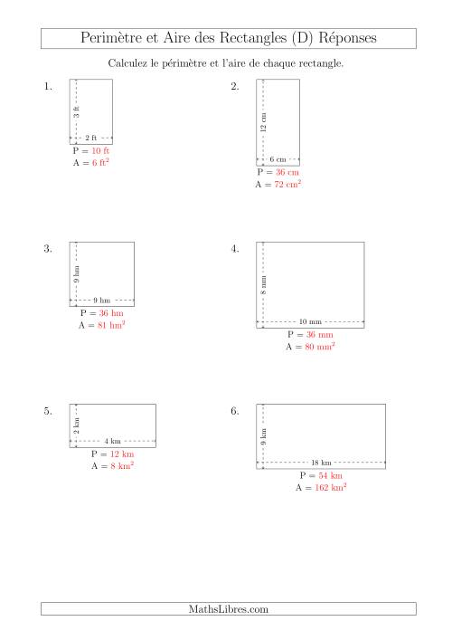 Calcul du Périmètre et de l'Aire des Rectangles (Avec de Petits Nombres Entiers) (D) page 2