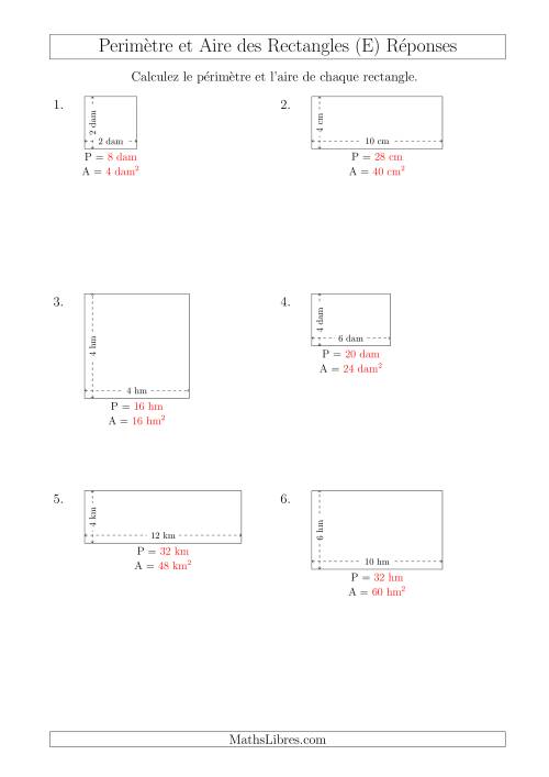 Calcul du Périmètre et de l'Aire des Rectangles (Avec de Petits Nombres Entiers) (E) page 2