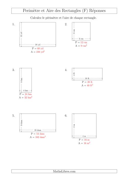 Calcul du Périmètre et de l'Aire des Rectangles (Avec de Petits Nombres Entiers) (F) page 2