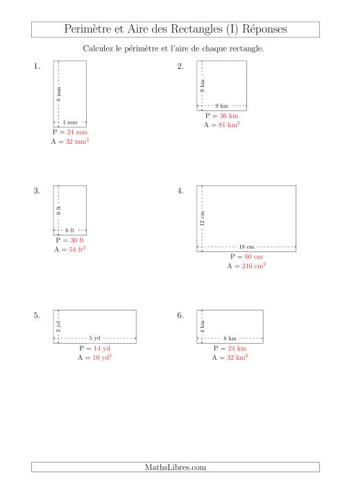 Calcul du Périmètre et de l'Aire des Rectangles (Avec de Petits Nombres Entiers) (I) page 2