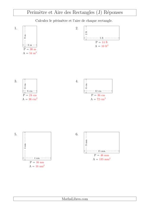 Calcul du Périmètre et de l'Aire des Rectangles (Avec de Petits Nombres Entiers) (J) page 2